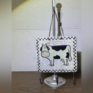 Country cow wall hanging w/metal hooks for utencils leather loop to hang 11” x7”